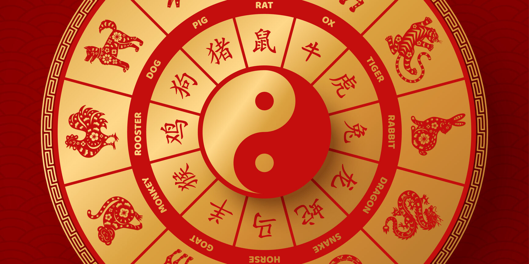 Golden chinese zodiac wheel with twelve animals and hieroglyphs isolated on red background. Vector illustration. Нin yang duality symbol. China characters letters with translation.